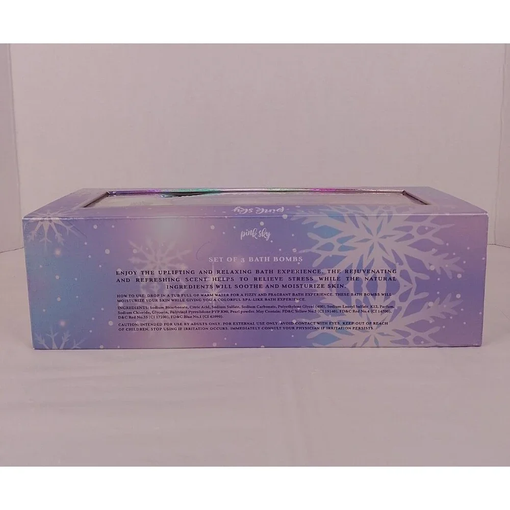 Pink Sky Set of 3 Bath Bombs Snowflake Gift Box Open Box Sealed Contents
